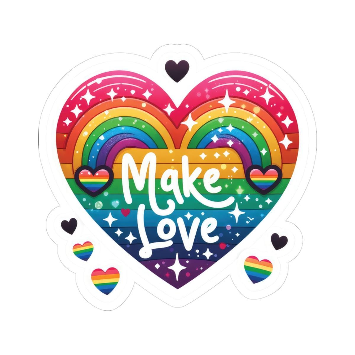 Glossy rainbow heart sticker with LGBTQ+ pride colors on waterproof vinyl, showcasing vibrant rainbow hues and a smooth finish.