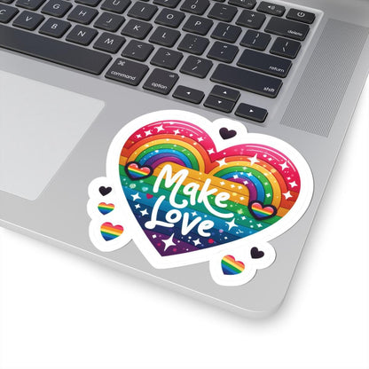 Glossy rainbow heart sticker featuring LGBTQ+ pride colors, waterproof vinyl decal perfect for decorating laptops or water bottles.