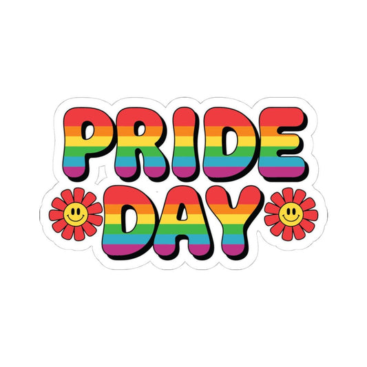 Glossy rainbow pride sticker featuring LGBTQ+ symbols, ideal for decorating laptops with vibrant vinyl design.