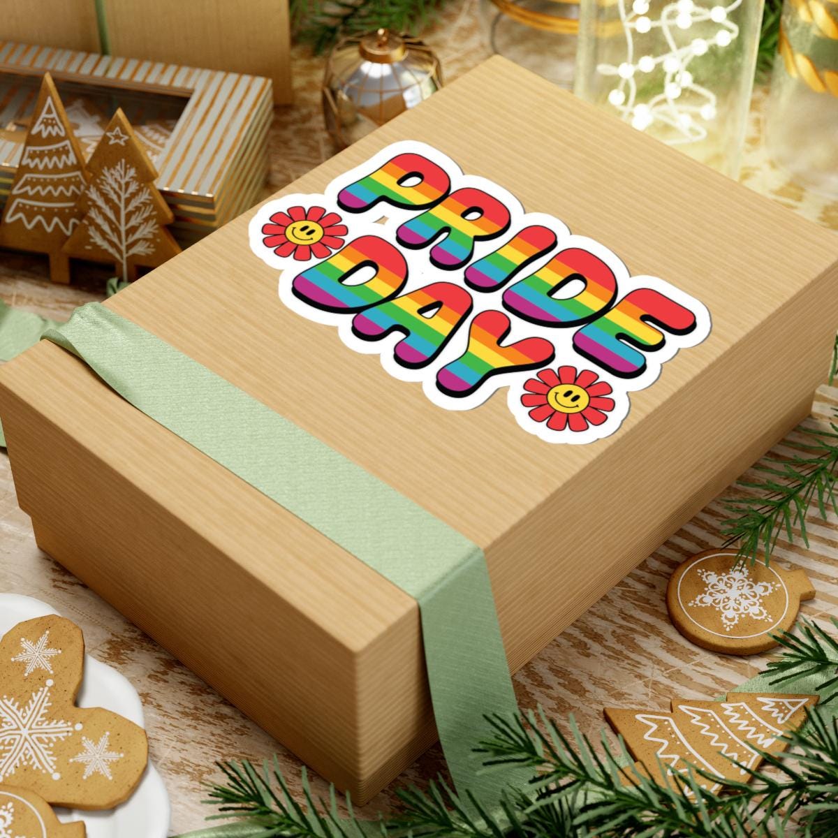 Glossy rainbow pride sticker made of vinyl, designed for LGBTQ+ laptop decor, showcasing vibrant rainbow colors.
