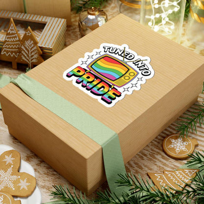 Glossy rainbow TV Pride sticker, LGBTQ vinyl decor with vibrant retro rainbow design, perfect for decorating laptops or water bottles.