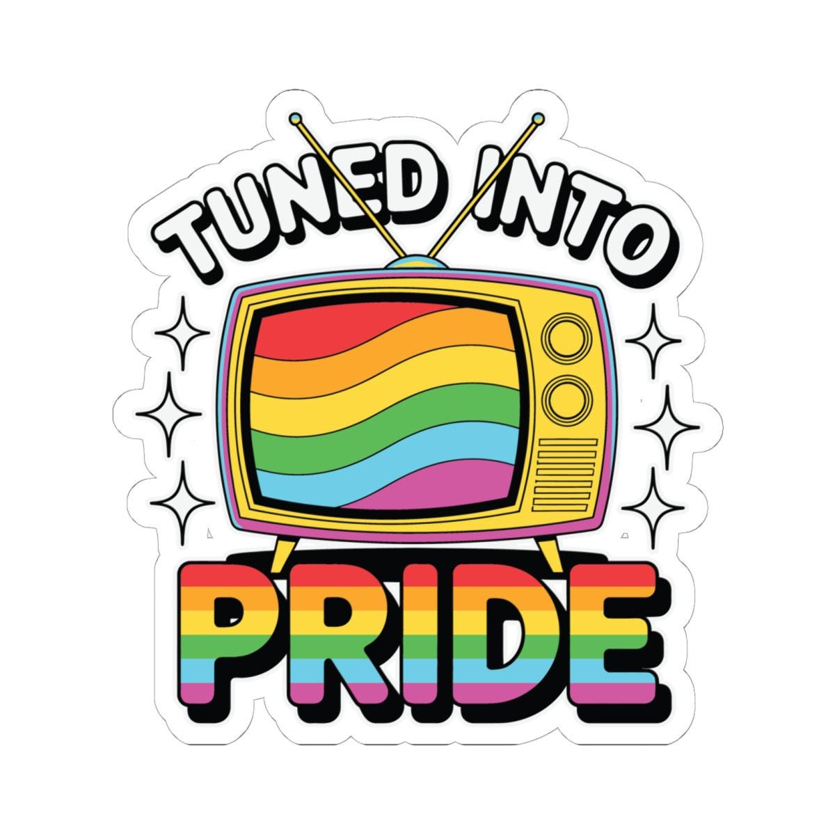 Glossy retro rainbow TV Pride sticker, vinyl decor with vibrant rainbow colors and LGBTQ pride theme.