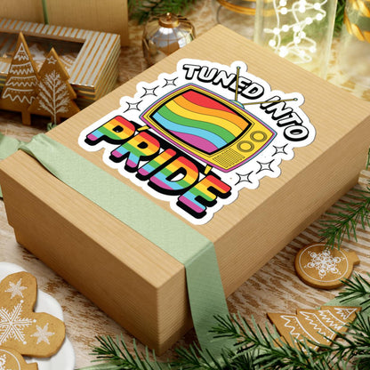 Glossy retro rainbow TV Pride sticker showing a colorful rainbow design on shiny vinyl, perfect for LGBTQ+ decor.