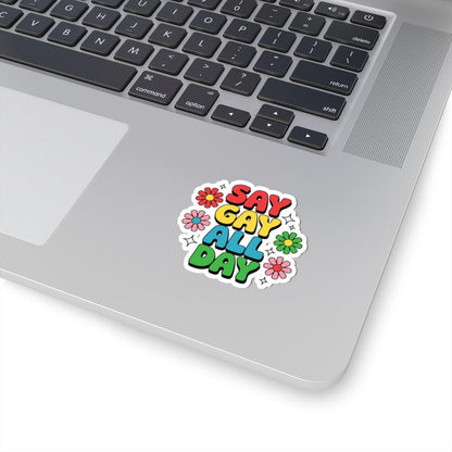Glossy vinyl LGBTQ pride sticker with retro rainbow design reading "Say Gay All Day," ideal for decor or personal items.