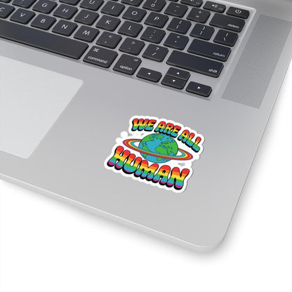 Rainbow Earth pride sticker featuring "We Are All Human" message, LGBTQ+ vinyl decal on glossy finish.