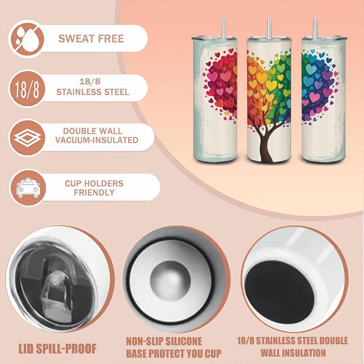 ColorFlow Rainbow Love Heart Tree 20oz stainless steel insulated tumbler with straw, featuring colorful pride art design.