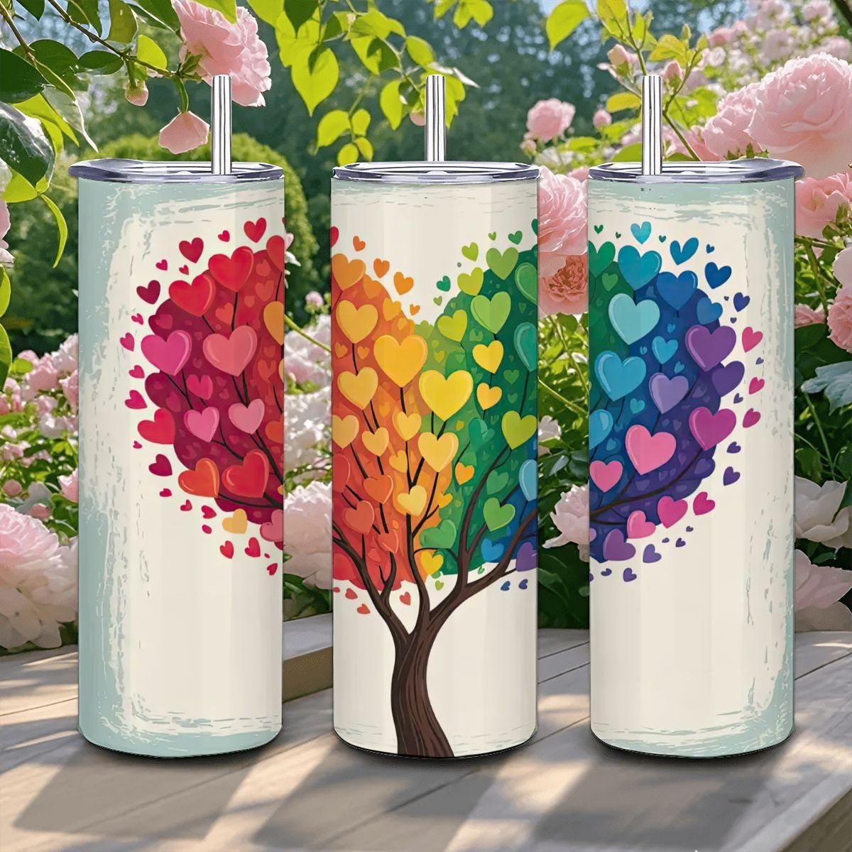 ColorFlow Rainbow Love Heart Tree 20oz stainless steel insulated tumbler with straw, featuring pride art design for travel and gifting.