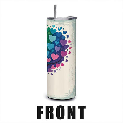 ColorFlow Rainbow Love Heart Tree Tumbler, 20oz stainless steel insulated travel mug with straw featuring colorful pride art design