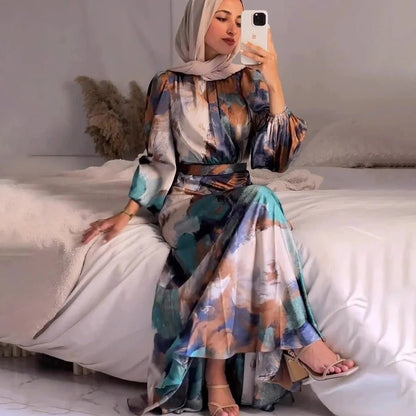 Exotic Print Pleated Bell Sleeve Abaya (MA166)