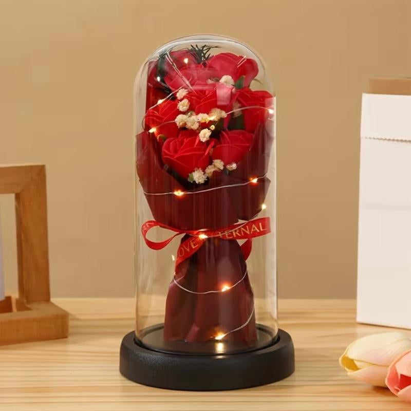 Eternal Rose Soap Flower Bouquet with LED Glass Dome – Romantic Gift Decor