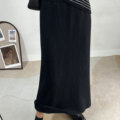 Winter Fleece Midi Skirt | Warm Knit High-Waist Skirt with Side Slit (MS207)
