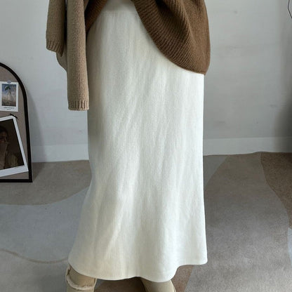 Winter Fleece Midi Skirt | Warm Knit High-Waist Skirt with Side Slit (MS207)