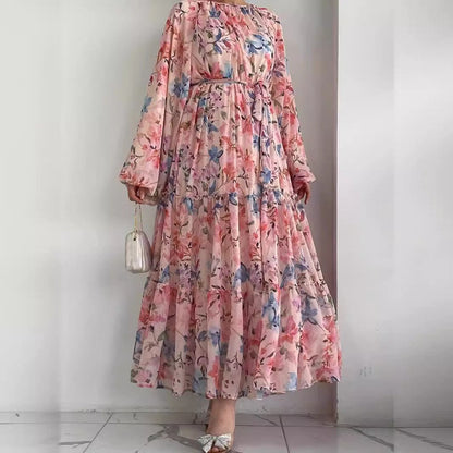 Floral Chiffon Dress with Tiered Ruffle Skirt(MA401)