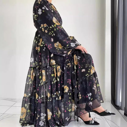 Floral Chiffon Dress with Tiered Ruffle Skirt(MA401)
