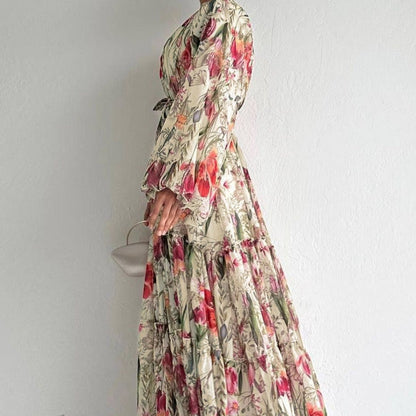 Floral Chiffon Dress with Three-Tier Ruffle Skirt (MA407)