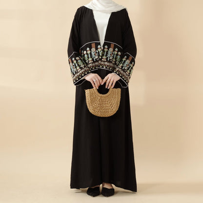 Floral Embroidered Crepe Open Abaya (MOA128)