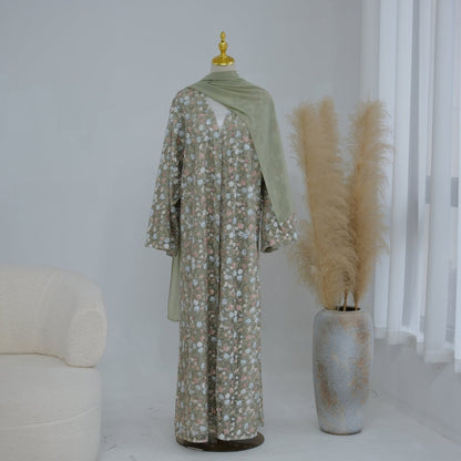 Floral Embroidered Mesh Open Abaya & Hijab Set(MOA321)