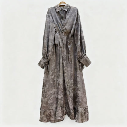 Floral Jacquard Wrap Dress | Collared Tie-Sleeve Maxi Dress(MS257)