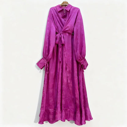 Floral Jacquard Wrap Dress | Collared Tie-Sleeve Maxi Dress(MS257)