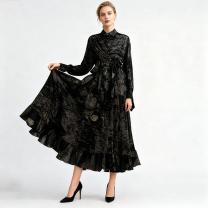 Floral Jacquard Wrap Dress | Collared Tie-Sleeve Maxi Dress(MS257)