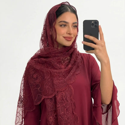 Floral Lace Embroidered Mesh Hijab(MH235)