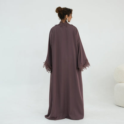 Floral Lace Trim Open Abaya & Sleeveless Inner Dress Set(MOA312)