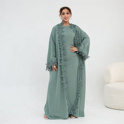Floral Lace Trim Open Abaya & Sleeveless Inner Dress Set(MOA312)