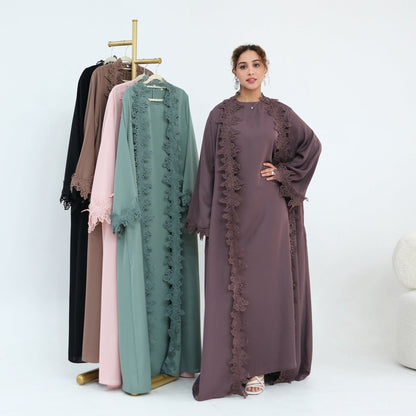 Floral Lace Trim Open Abaya & Sleeveless Inner Dress Set(MOA312)