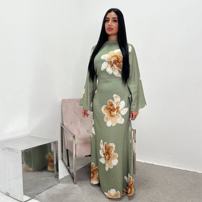 Floral Print Bell Sleeve Maxi Dress Abaya (MA214)