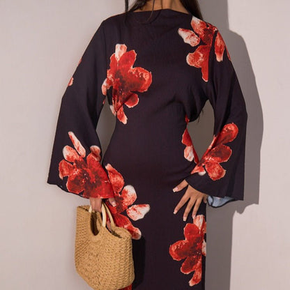 Floral Print Bell Sleeve Maxi Dress Abaya (MA214)