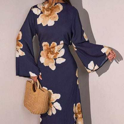Floral Print Bell Sleeve Maxi Dress Abaya (MA214)