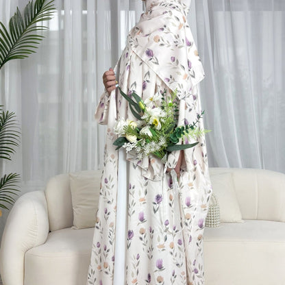 Floral Print Butterfly Sleeve Abaya Set | Resort Style Open-Front Cardigan(MOA256)