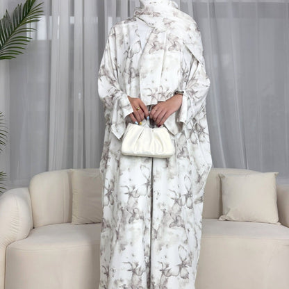 Floral Print Butterfly Sleeve Abaya Set | Resort Style Open-Front Cardigan(MOA256)