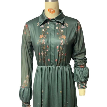 Floral Printer Shirt Dress | Elegant Collar Button-Front Gown Abaya(MA381)