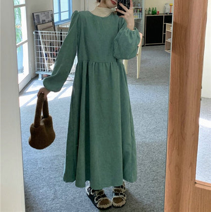 French Corduroy Lantern Sleeve Maxi Dress | Elastic Cuff Gathered Dress(MS206)