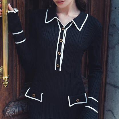 French Luxury Ruffle Trim Knit Dress | Collared Midi Sweater Dress(MS199)