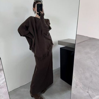 Fringed Knit Set With Batwing Sleeve Sweater And Midi Skirt (MS172)