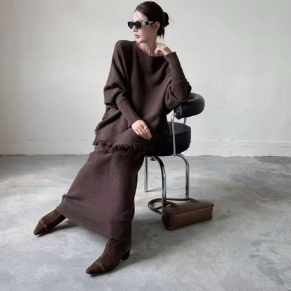 Fringed Knit Set With Batwing Sleeve Sweater And Midi Skirt (MS172)