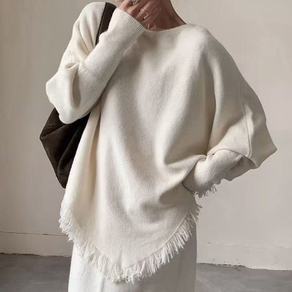 Fringed Knit Set With Batwing Sleeve Sweater And Midi Skirt (MS172)