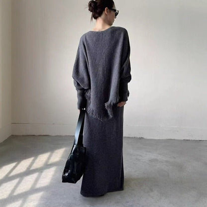 Fringed Knit Set With Batwing Sleeve Sweater And Midi Skirt (MS172)