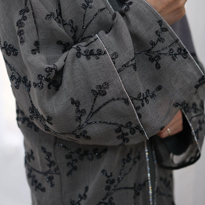 Fully Embroidered Abaya Set | Crystal Trim Vine Pattern Cardigan & Dress (MOA262)