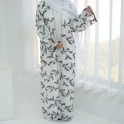 Fully Embroidered Abaya Set | Crystal Trim Vine Pattern Cardigan & Dress (MOA262)