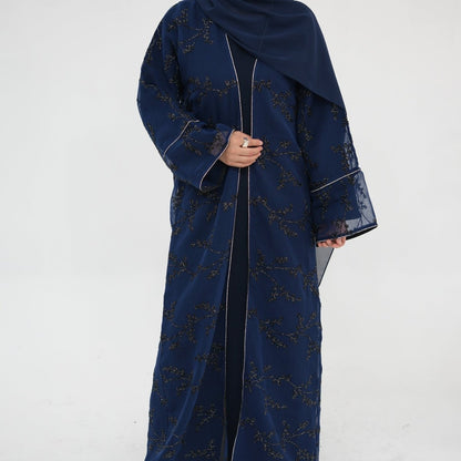 Fully Embroidered Abaya Set | Crystal Trim Vine Pattern Cardigan & Dress (MOA262)