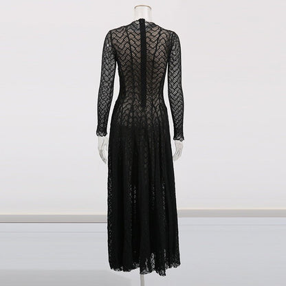 Geometric Lace Mock Neck Maxi Dress (MS397)
