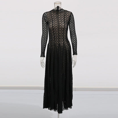 Geometric Lace Mock Neck Maxi Dress (MS397)