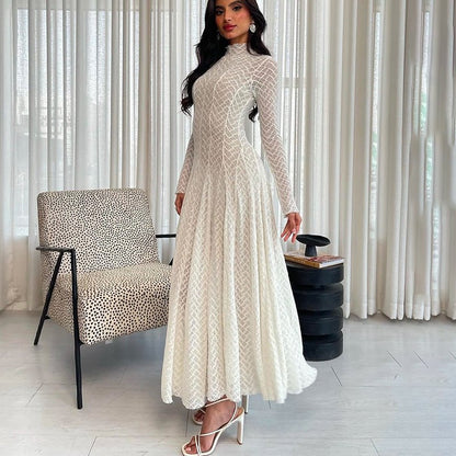 Geometric Lace Mock Neck Maxi Dress (MS397)