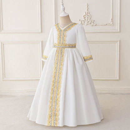 Girls Embroidered Kaftan Dress with Jeweled Belt(MKG021)