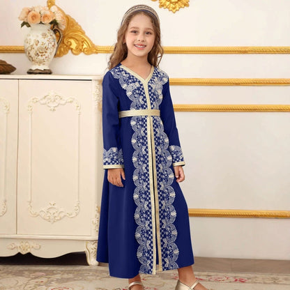 Girls Lace Trim Kaftan Dress | Elegant Kids Formal Abaya(MKG018)