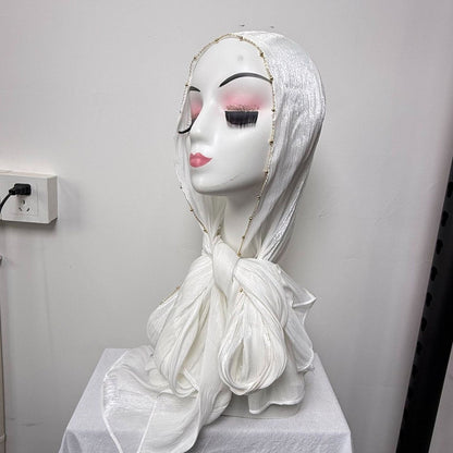 Gold Chain Beaded Edge Crinkle Satin Hijab(MH238)