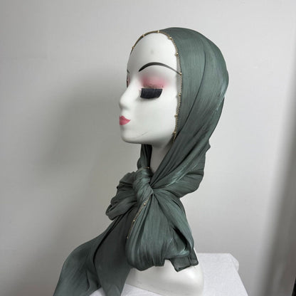 Gold Chain Beaded Edge Crinkle Satin Hijab(MH238)